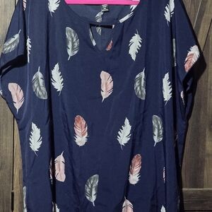 SHEIN Navy Feather Print Blouse